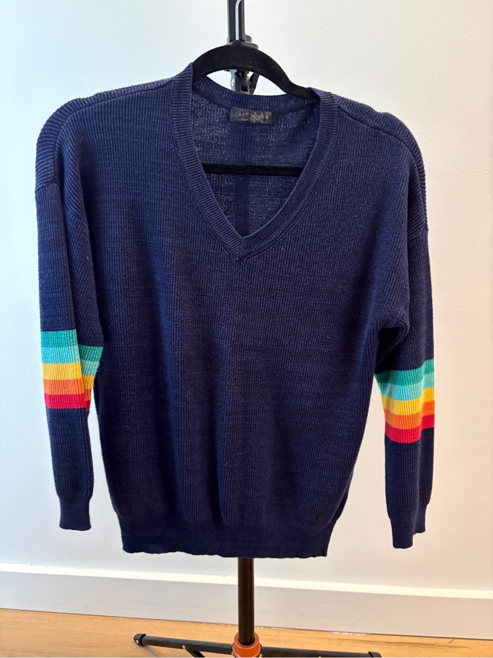 Honey Punch Navy V-Neck Sweater with Rainbow Sleeve Stripes